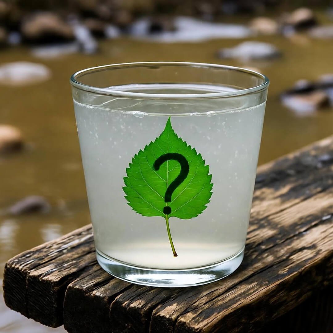 Cloudy glass with green leaf and question mark on rickety table, murky river background. Cloudy glass with green leaf and question mark on rickety table, murky river background.