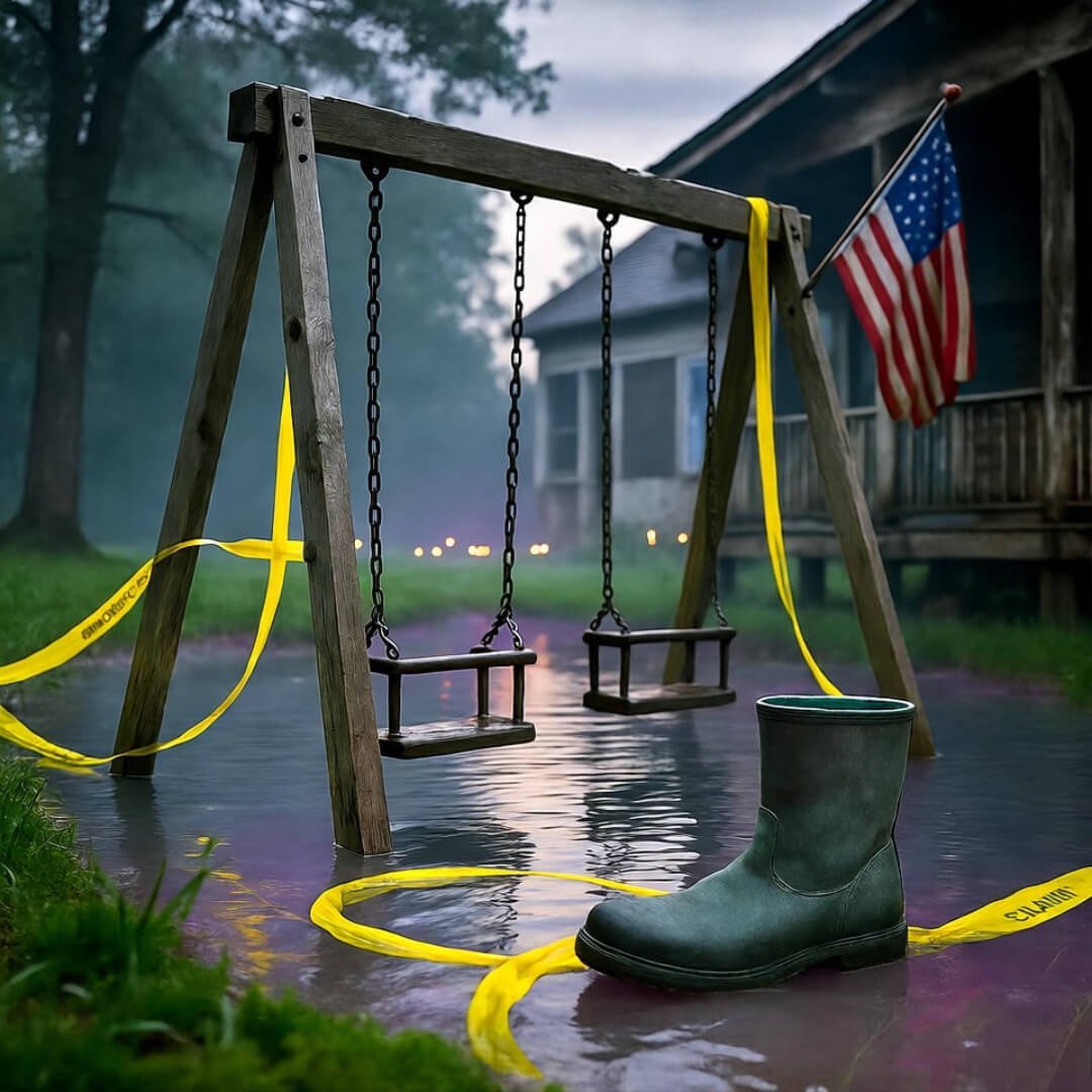 8 Diseases Spread by Flood Water You Must Watch For Half-submerged swing set tangled in caution tape, boot floating, fireflies at dusk.